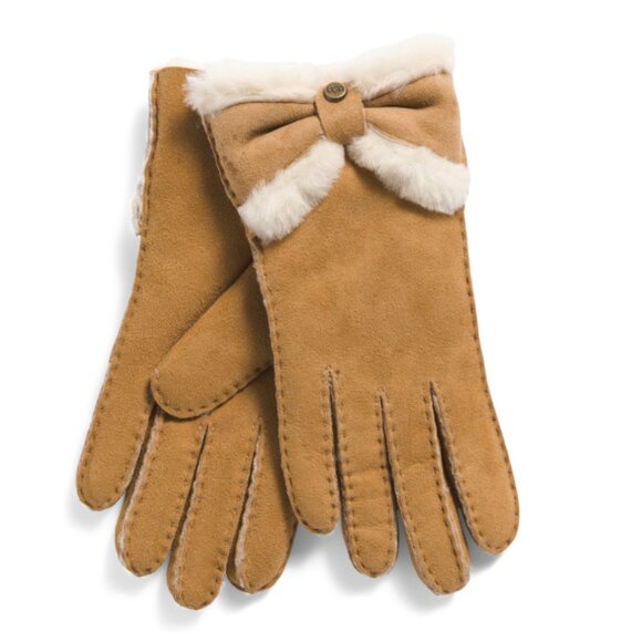 UGG Chestnut Shearling Sheepskin Turned Bow Gloves - Picture 1 of 1